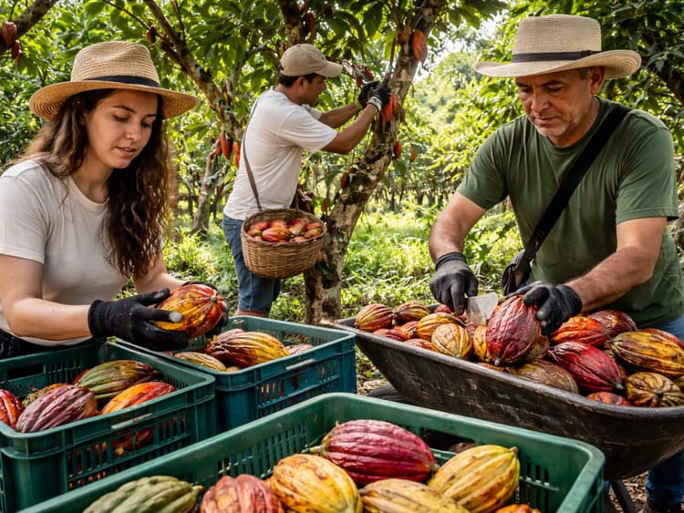 Cosecha de mazorcas de cacao en Finca Termópilas