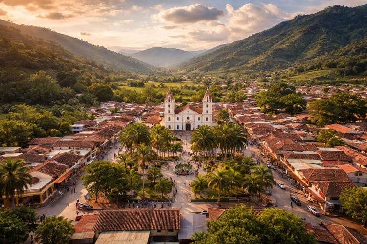 Vista del pueblo de Rivera, Huila, con su iglesia y las montañas