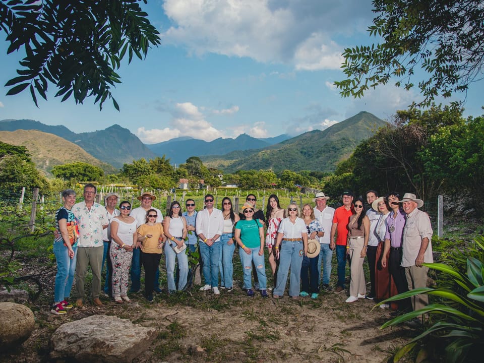 Grupo del tour de vino y cacao en el viñedo de Finca Termópilas